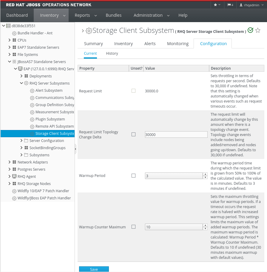 Example of Storage Node Request Throttling settings within the JBoss ON GUI.