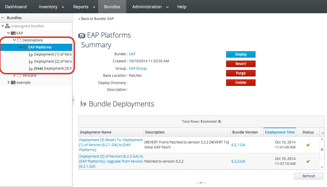 Deployment History for a Destination