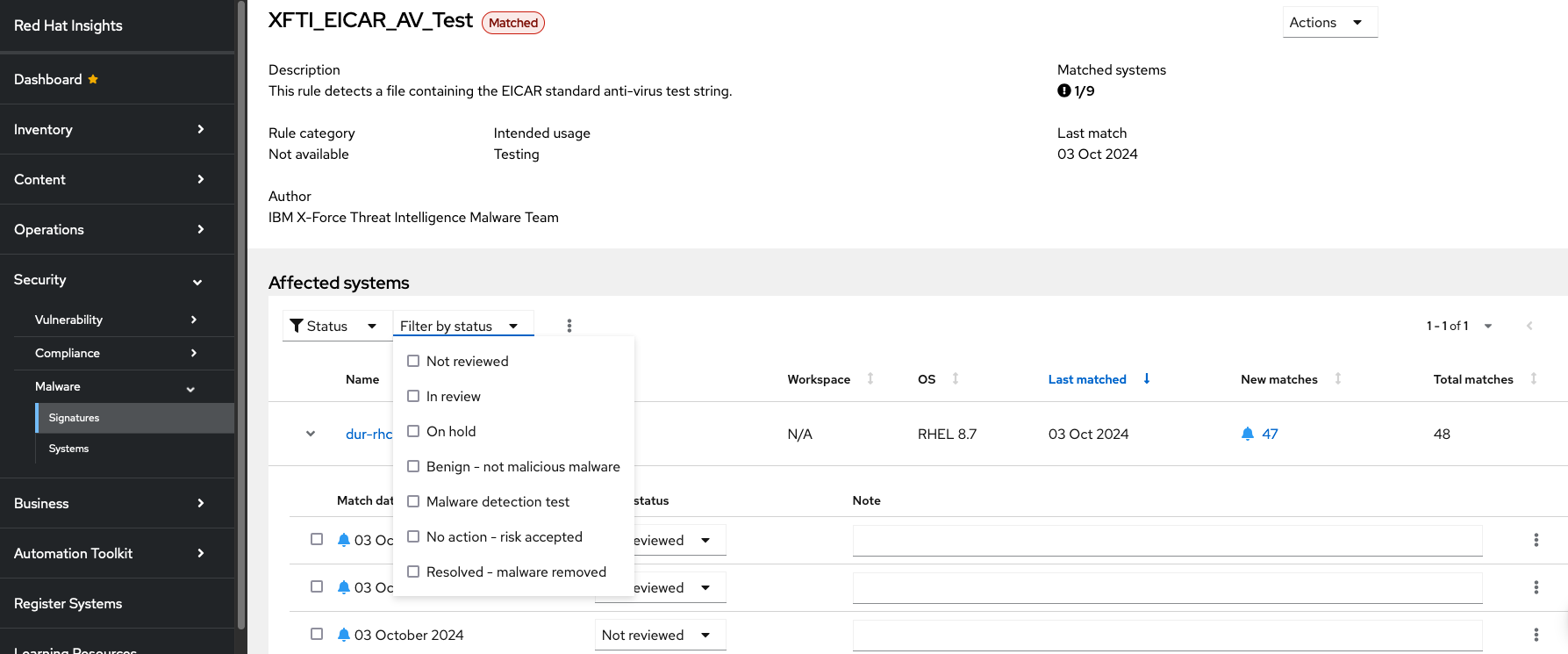 Filtering malware signature matches by status