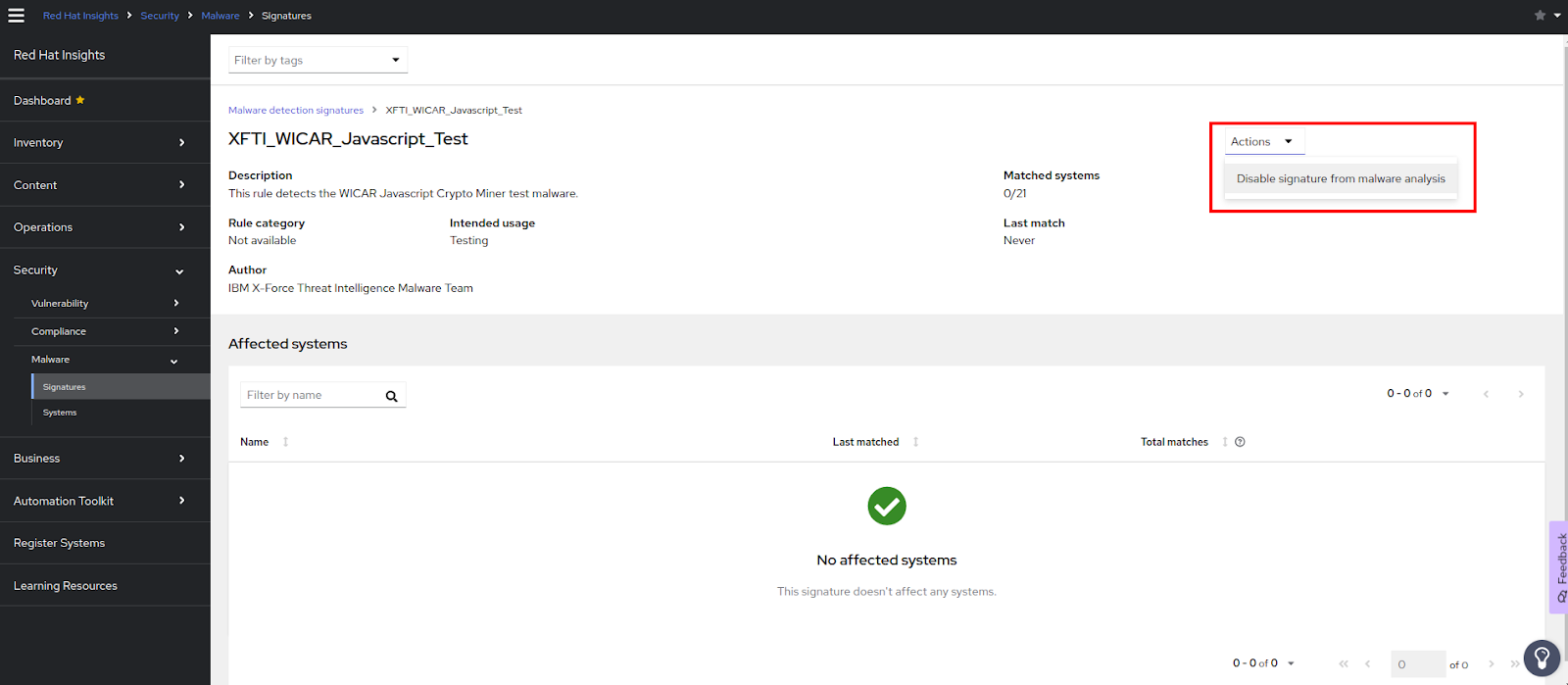 Disable malware signature from the signature details page