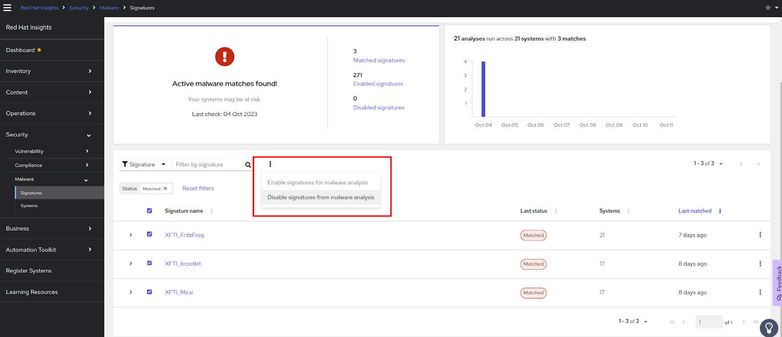 Disable multiple malware signatures at once