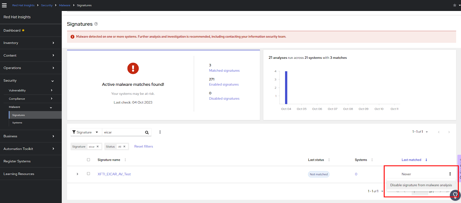 Disable malware signature from the Signatures page