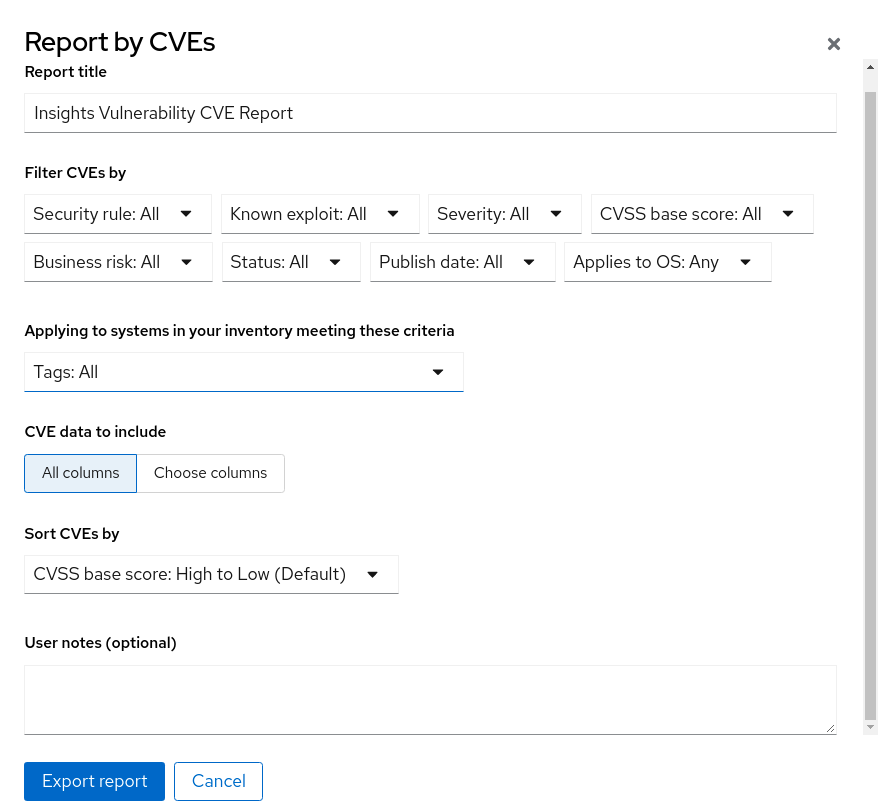 Shows options for ways to customize your report such as changing the title or filtering CVEs by different options