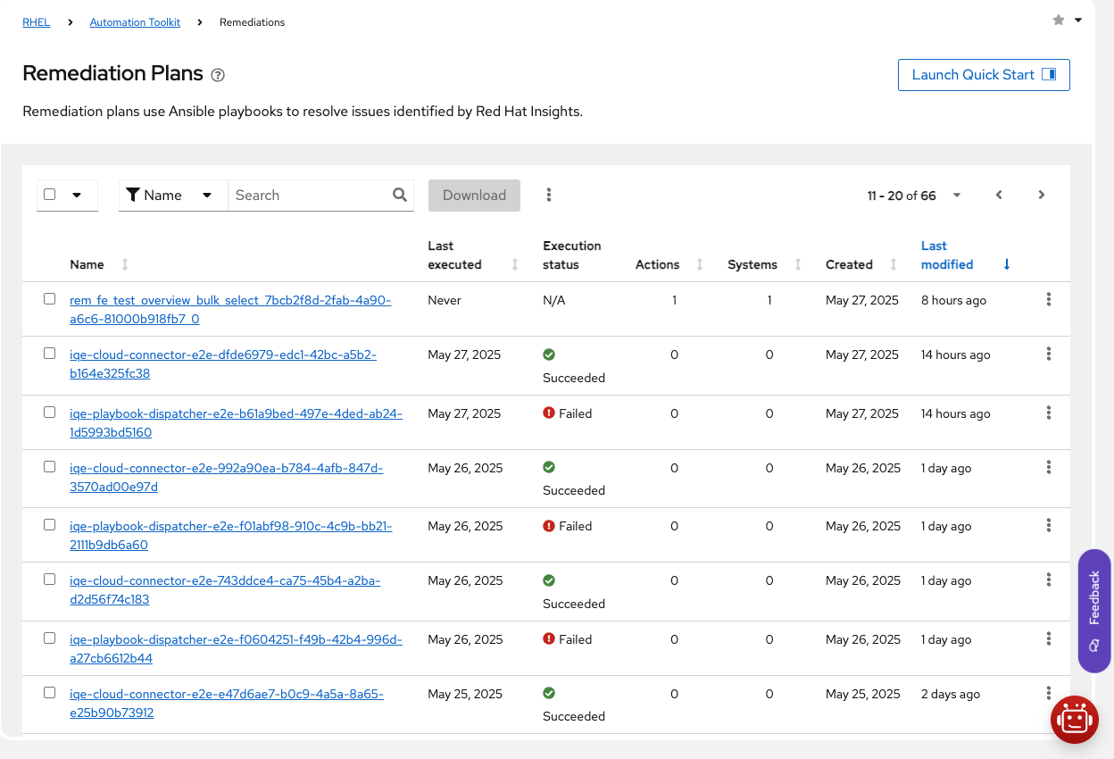 A screen capture of the table view for remediation plans