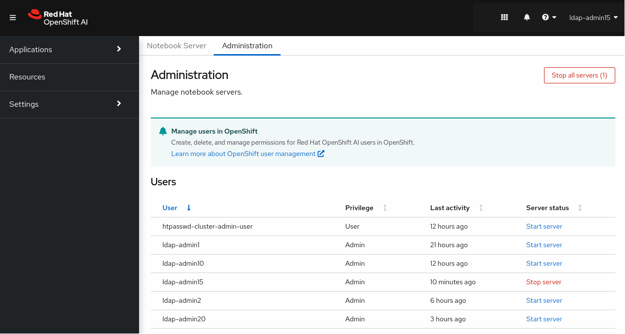 The Jupyter administration interface showing an administrator and example user.
