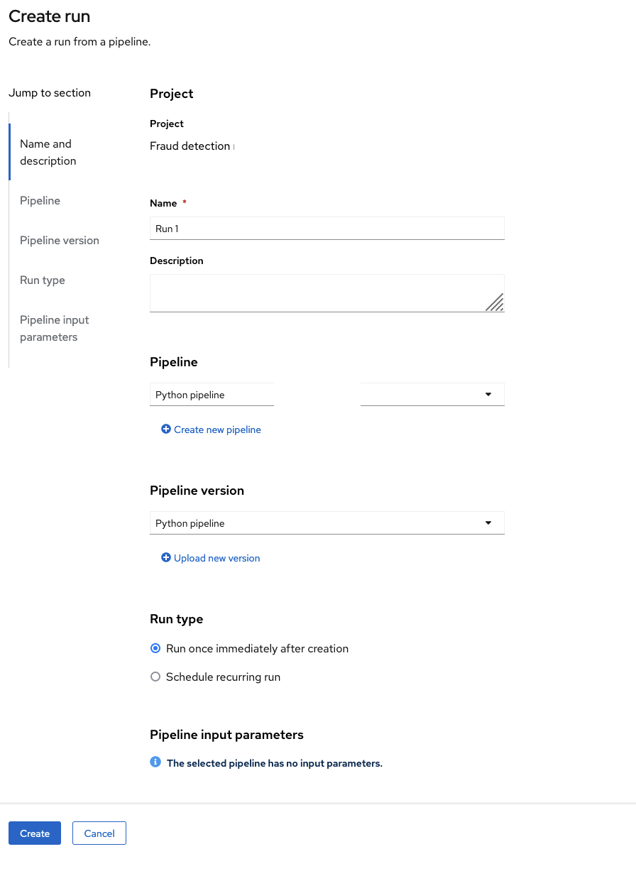 Create Pipeline Run form
