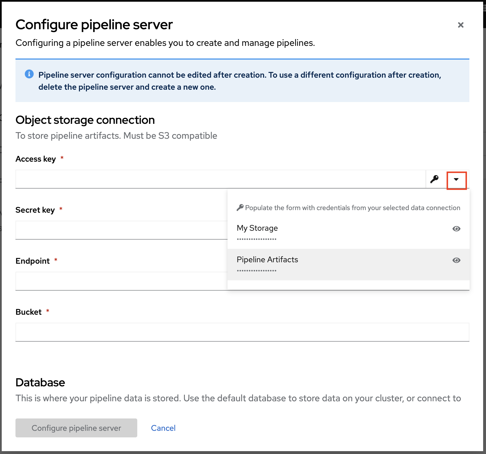 Selecting the Pipeline Artifacts data connection
