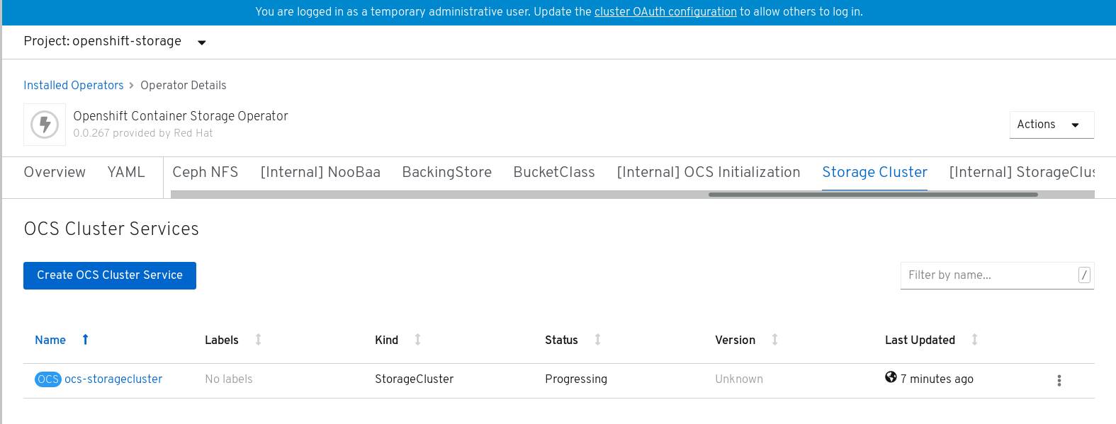 Screenshot of OpenShift Container Storage operator page.