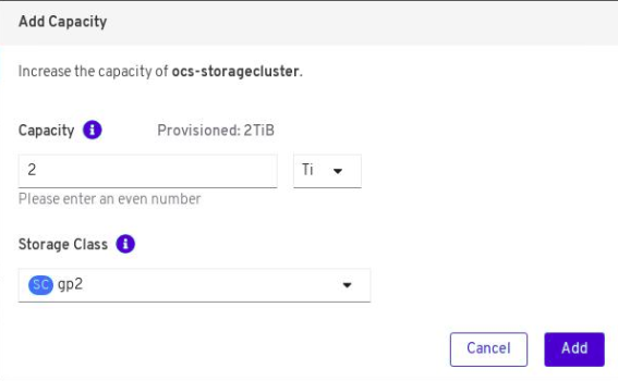 OCS add capacity dialog menu