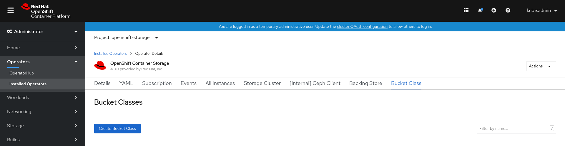 Screenshot of OpenShift Container Storage operator page with Bucket Class tab.