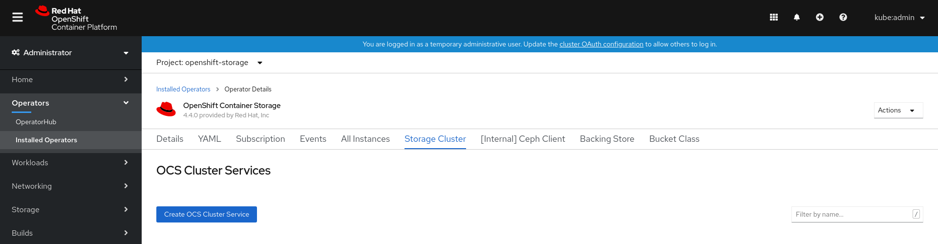 Screenshot of OpenShift Container Storage operator page.