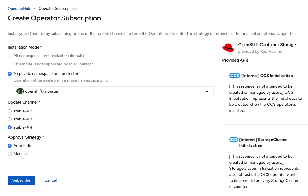 Screenshot of create operator subscription page.