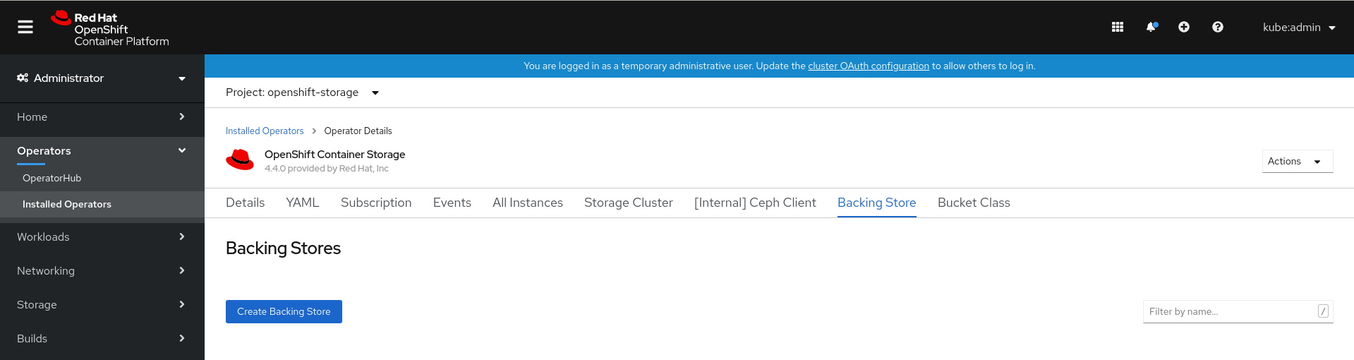 Screenshot of OpenShift Container Storage operator page with backing store tab.