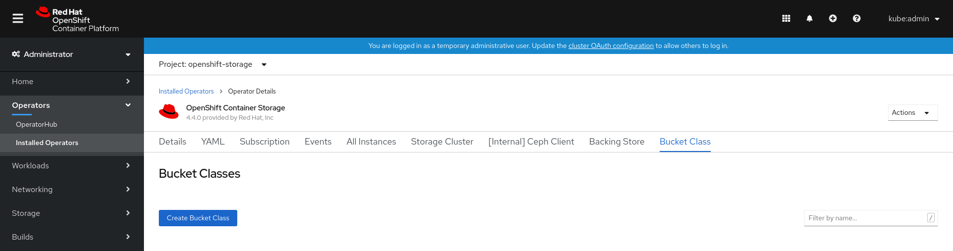 Screenshot of OpenShift Container Storage operator page with Bucket Class tab.