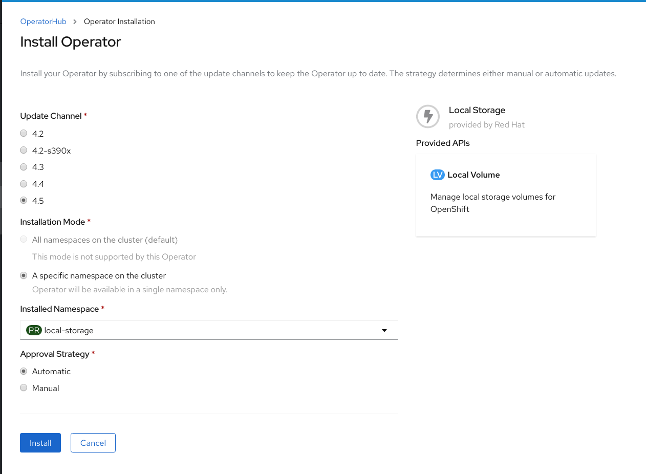 Screenshot of Install Operator page.