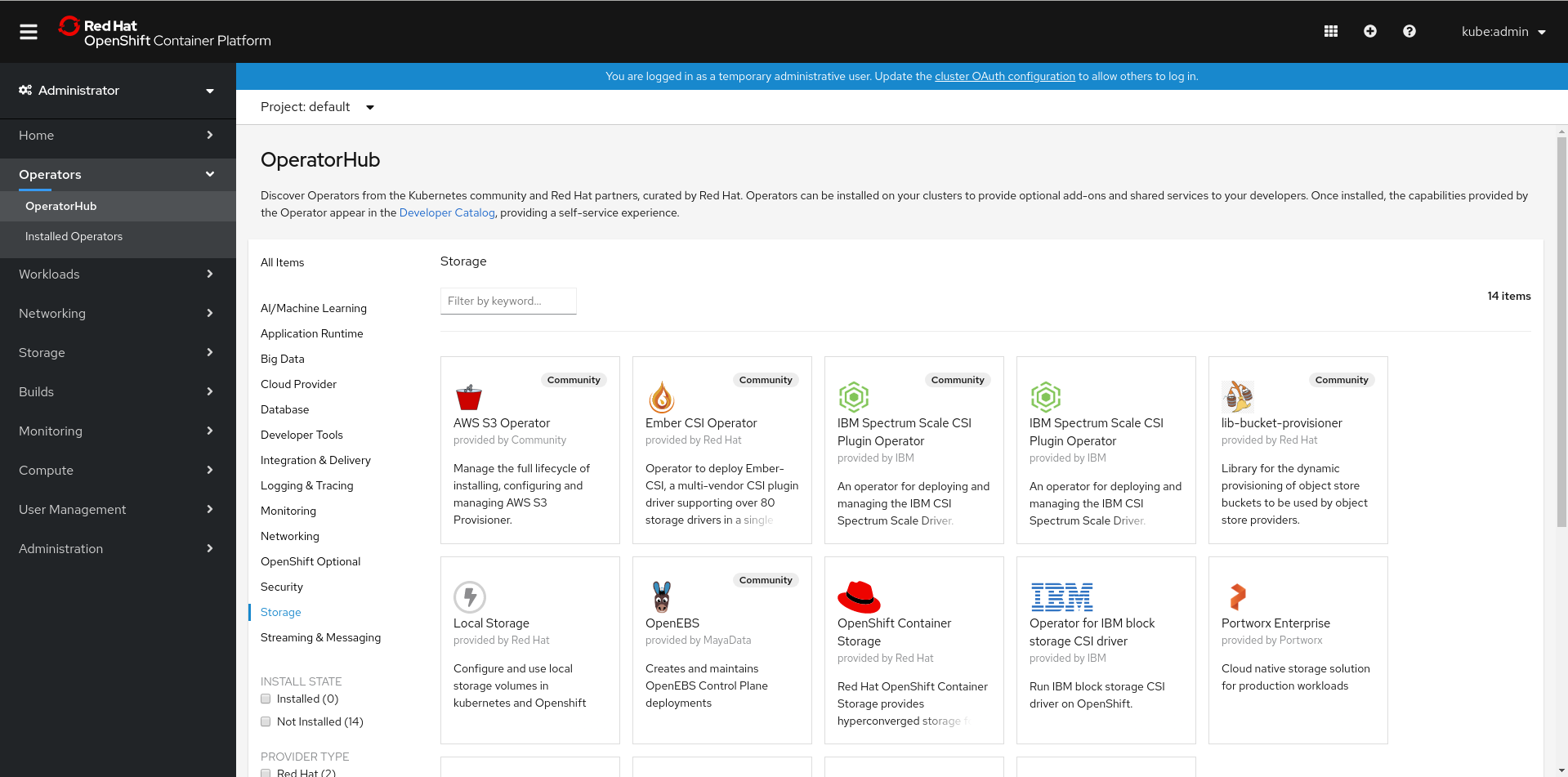 Screenshot of list of operators in the Operator Hub of the OpenShift Web Console.