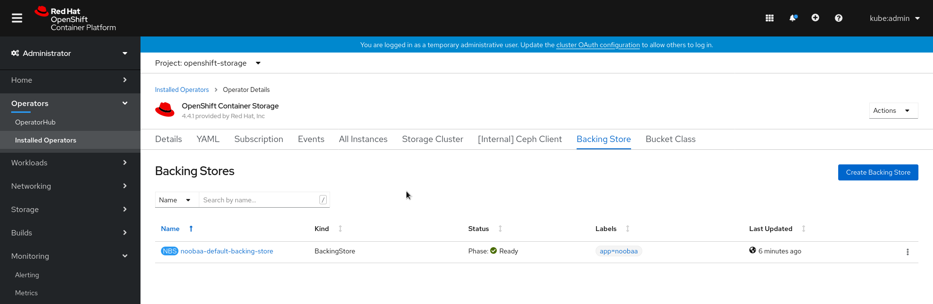 Screenshot of OpenShift Container Storage operator page with backing store tab.