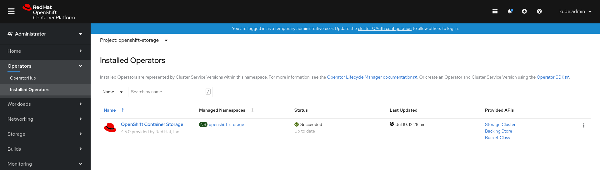 Screenshot of OpenShift Container Storage operator dashboard.