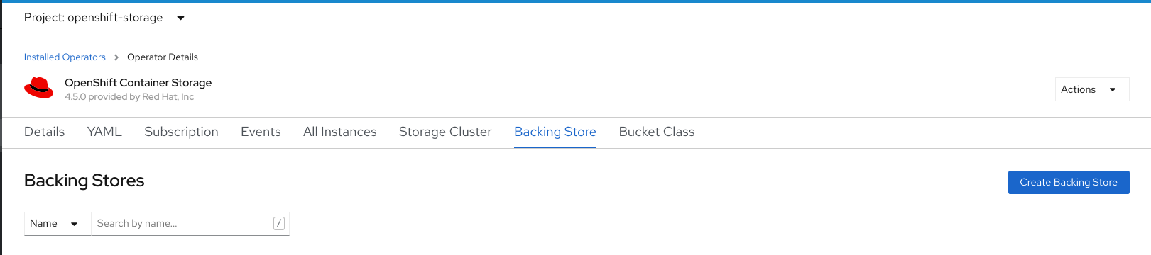 Screenshot of OpenShift Container Storage operator page with backing store tab.