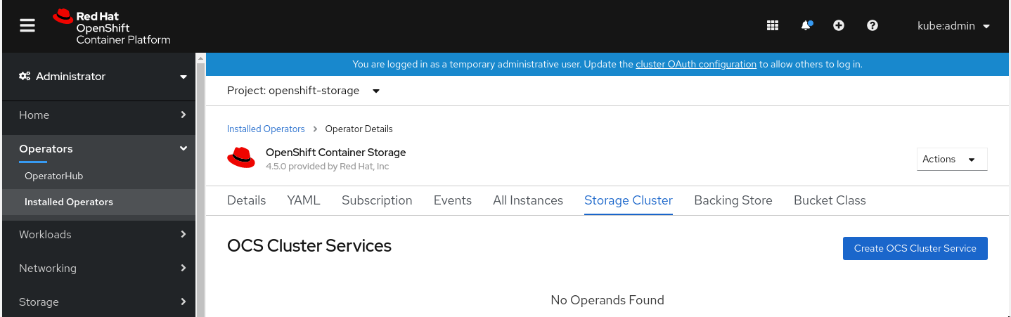 Screenshot of Storage Cluster tab on OpenShift Container Storage Operator dashboard.