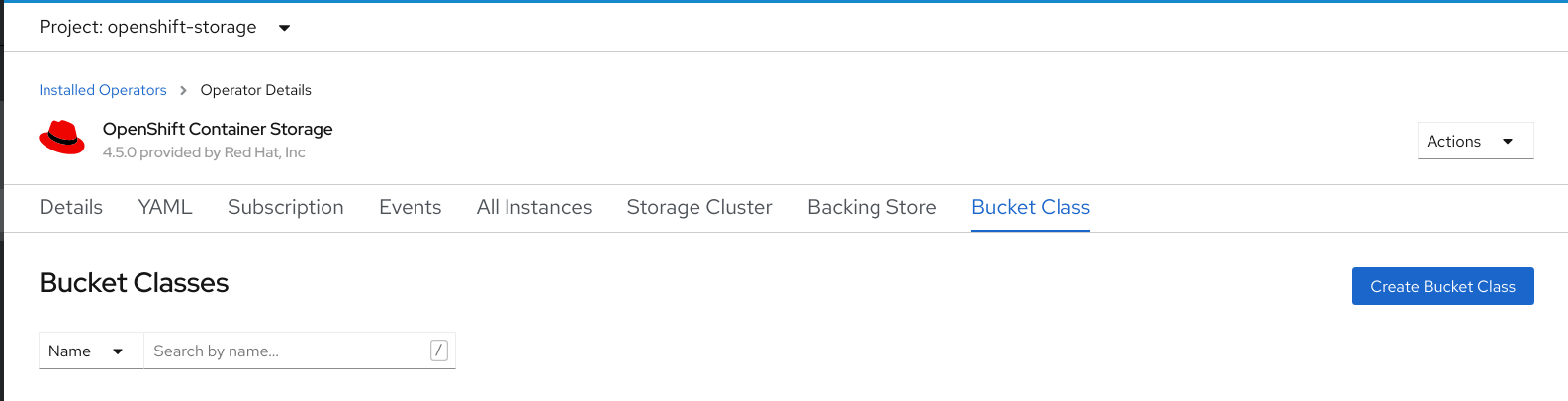 Screenshot of OpenShift Container Storage operator page with Bucket Class tab.