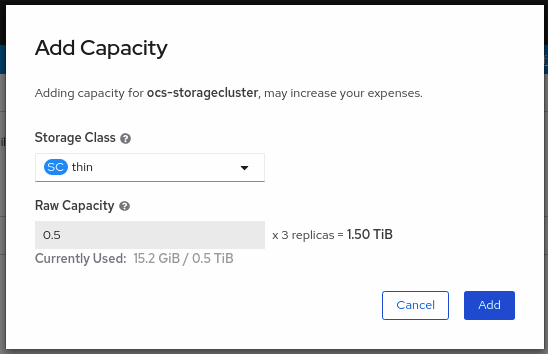 OCS add capacity dialog menu