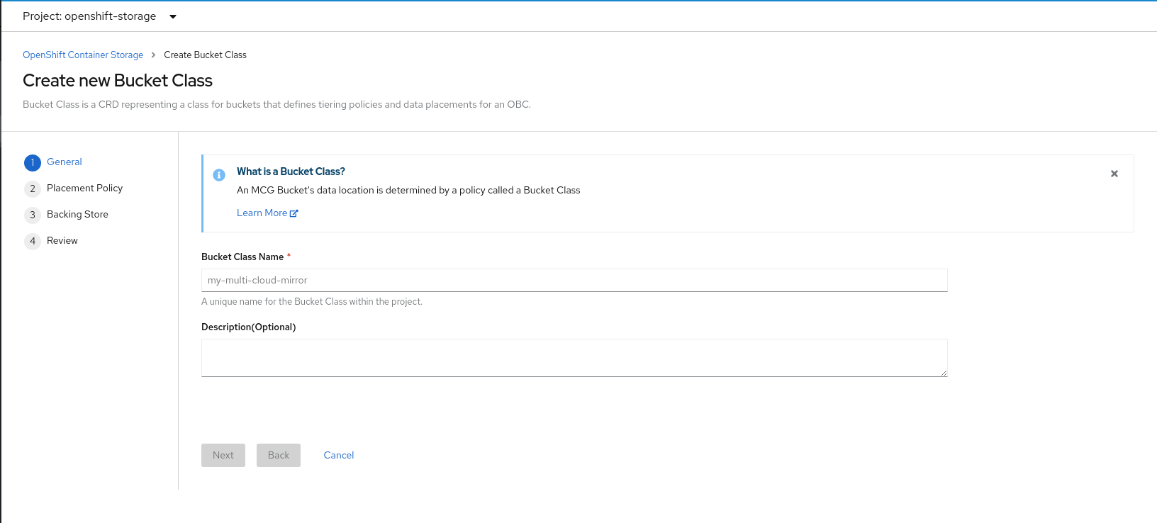 Screenshot of create new bucket class page.