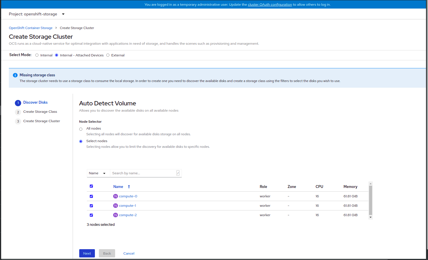 Screenshot of discovering disks in select nodes.