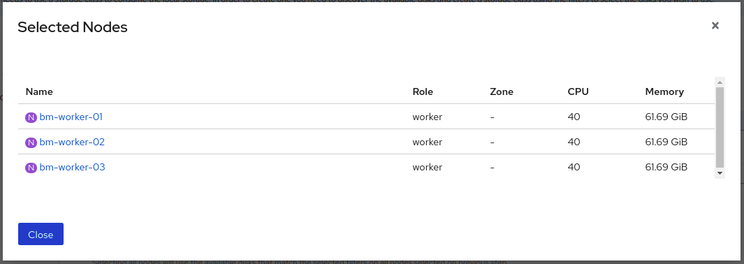 Screenshot of list of nodes displayed from the selected capacity chart.