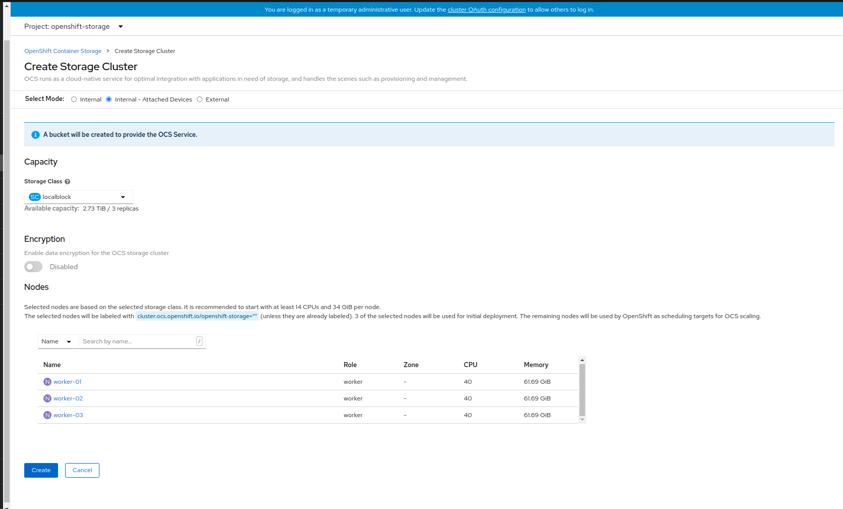 Screenshot of storage cluster creation page.