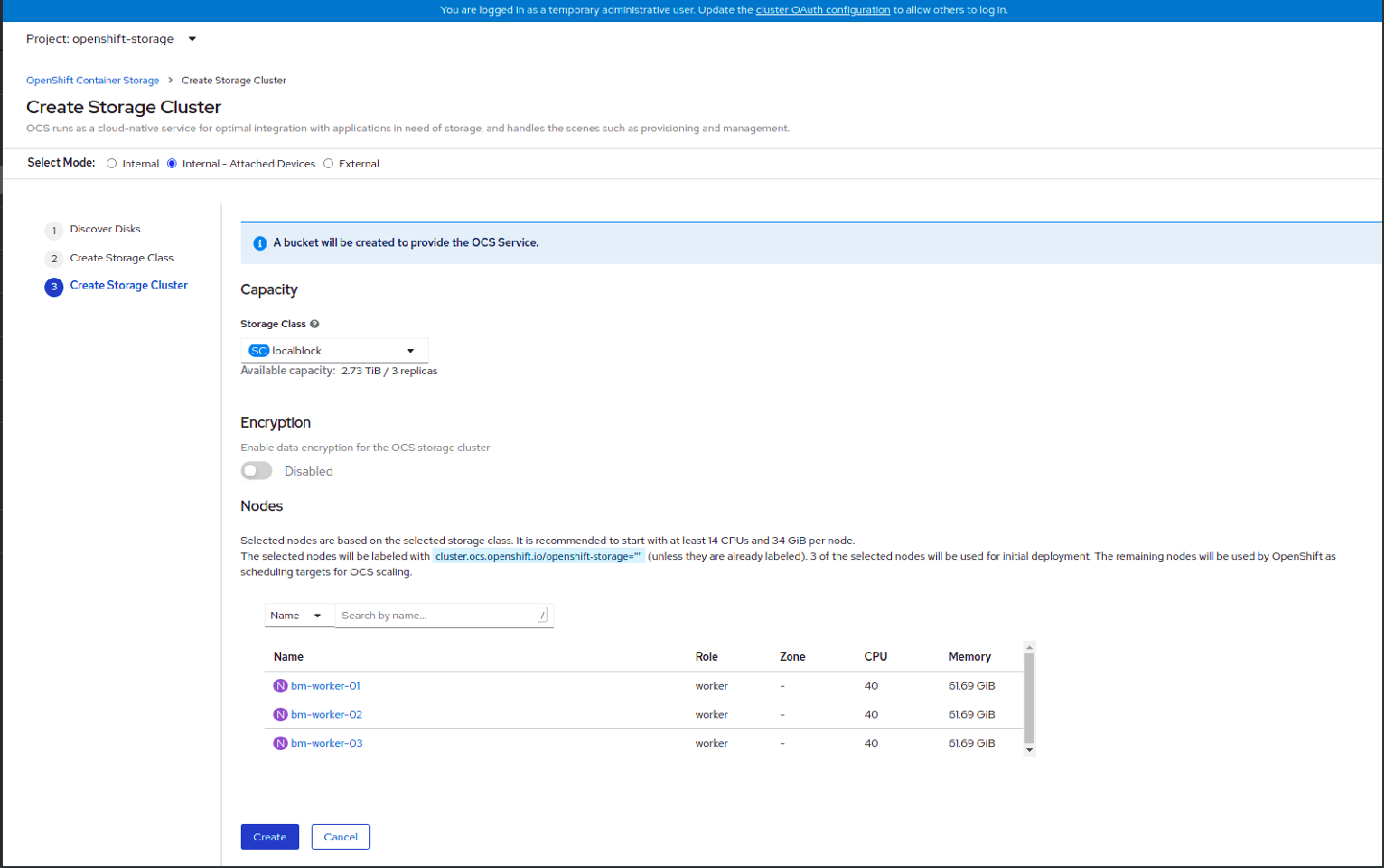 Screenshot of storage cluster creation.