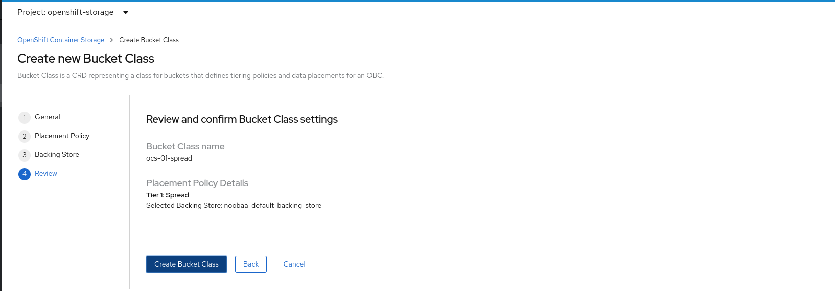 Screenshot of bucket class settings review tab.