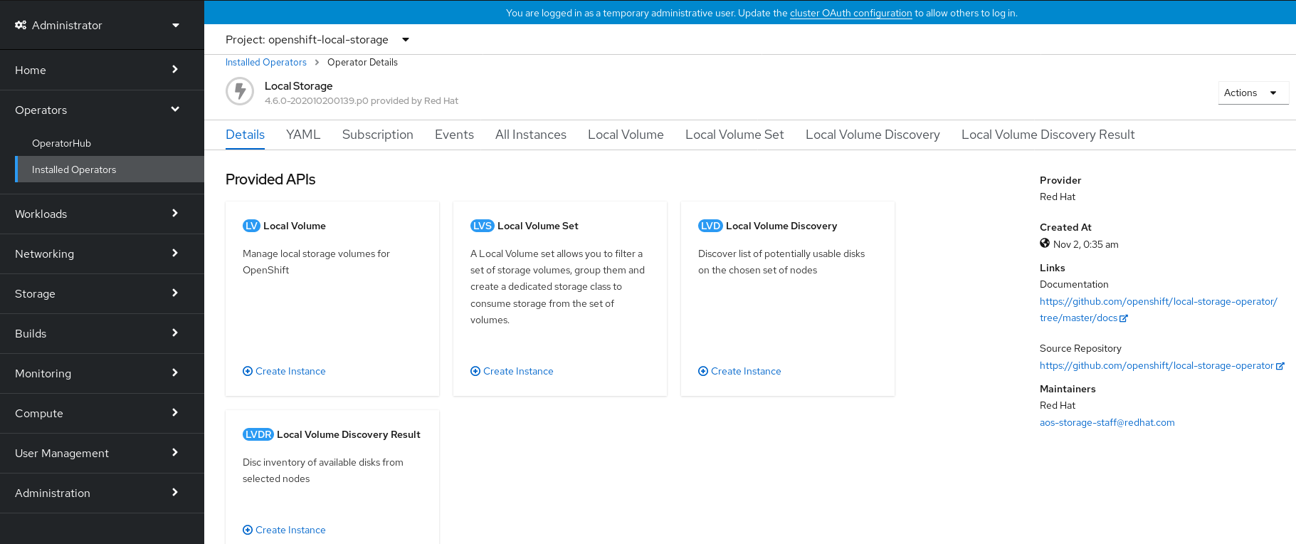 Screenshot of Local Volume Set tab on Local Storage Operator dashboard.