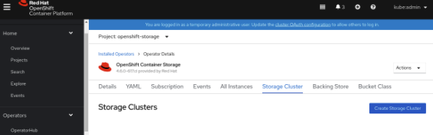 Screenshot of Storage Cluster tab on OpenShift Container Storage Operator dashboard.