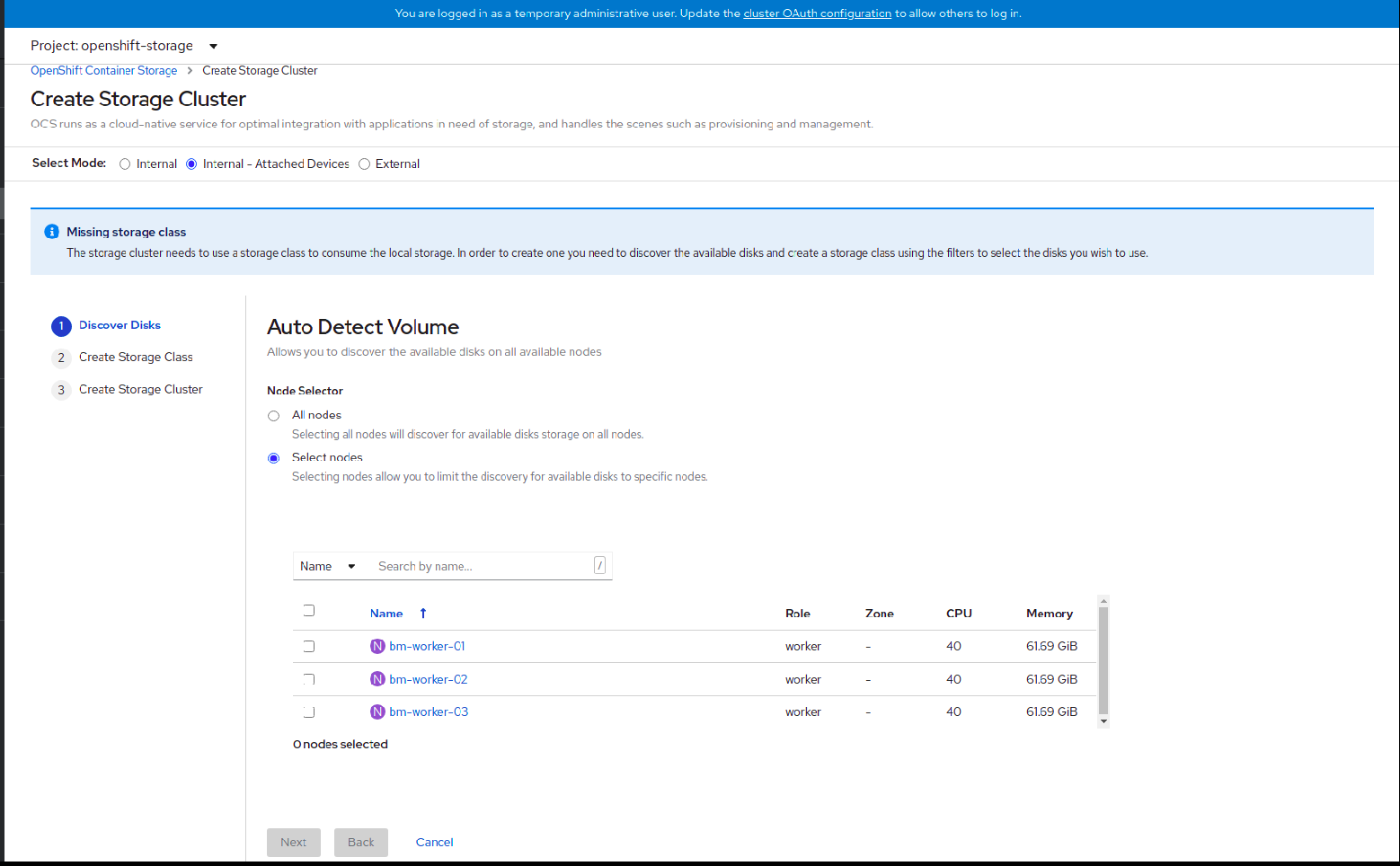 Screenshot of discovering disks in select nodes.