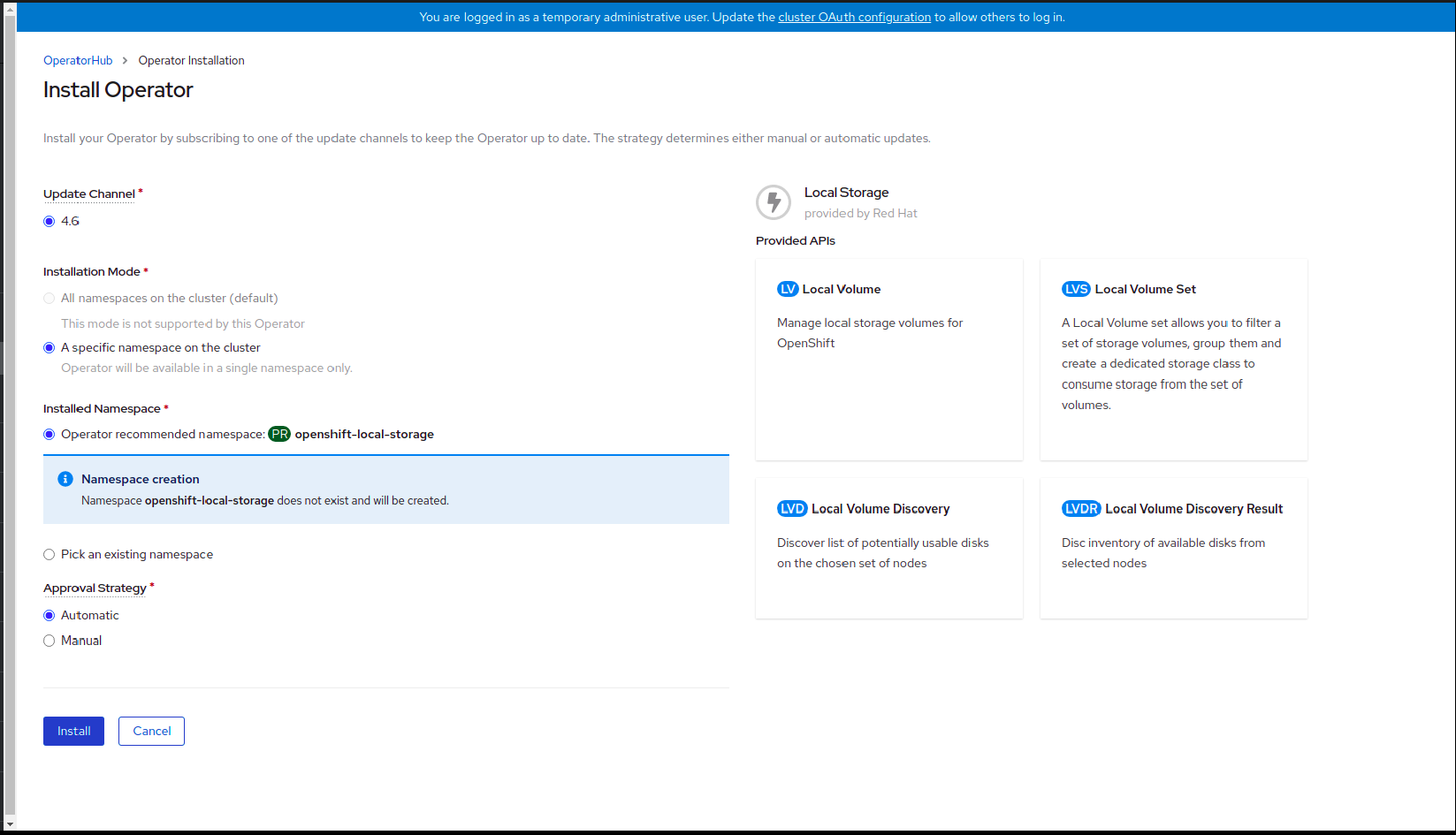 Screenshot of Install Operator page.