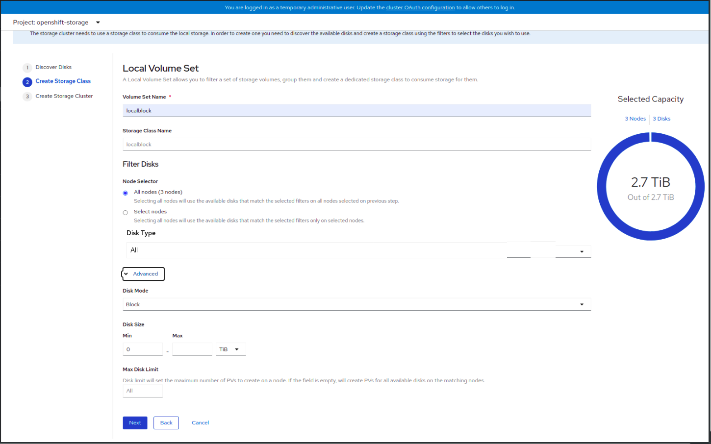 Screenshot of entering the storage class details.