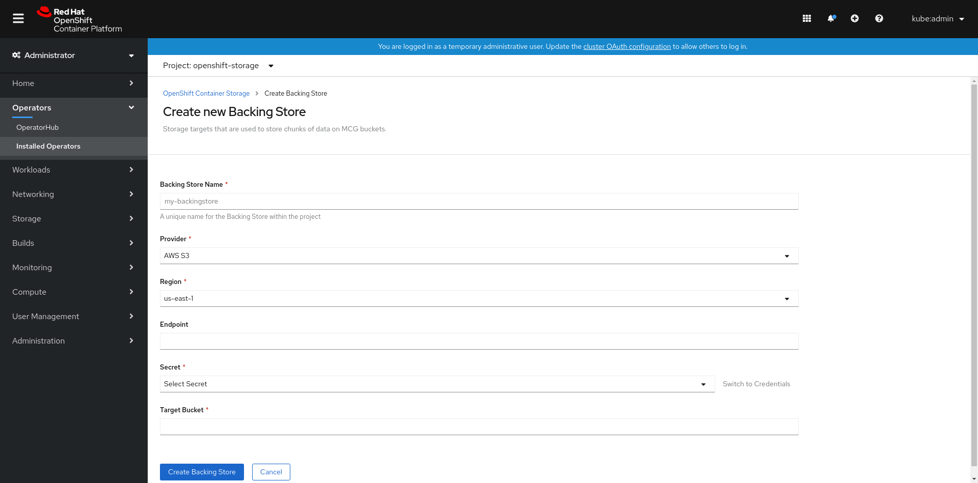 Screenshot of create new backing store page.