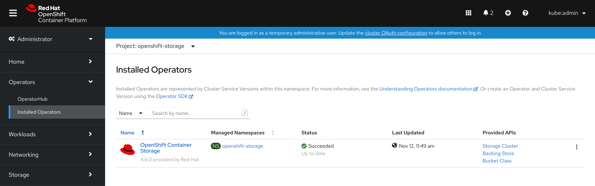 Screenshot of OpenShift Container Storage operator dashboard.