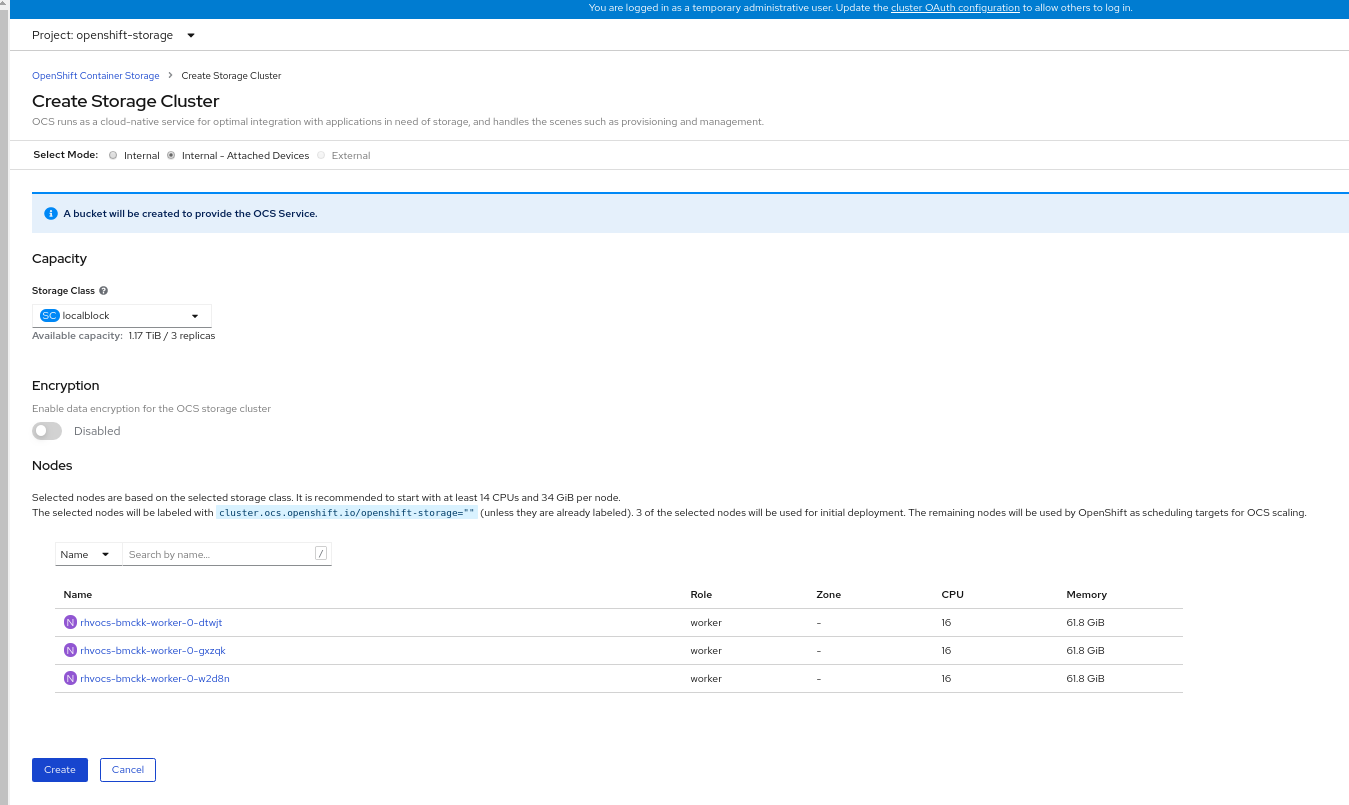 Screenshot of storage cluster creation page.
