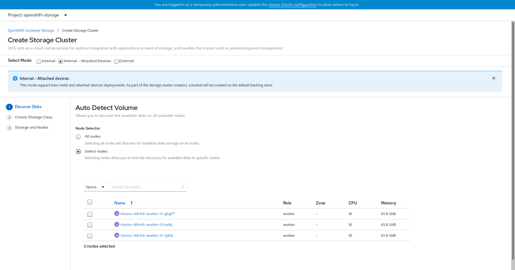 Screenshot of discovering disks in select nodes.