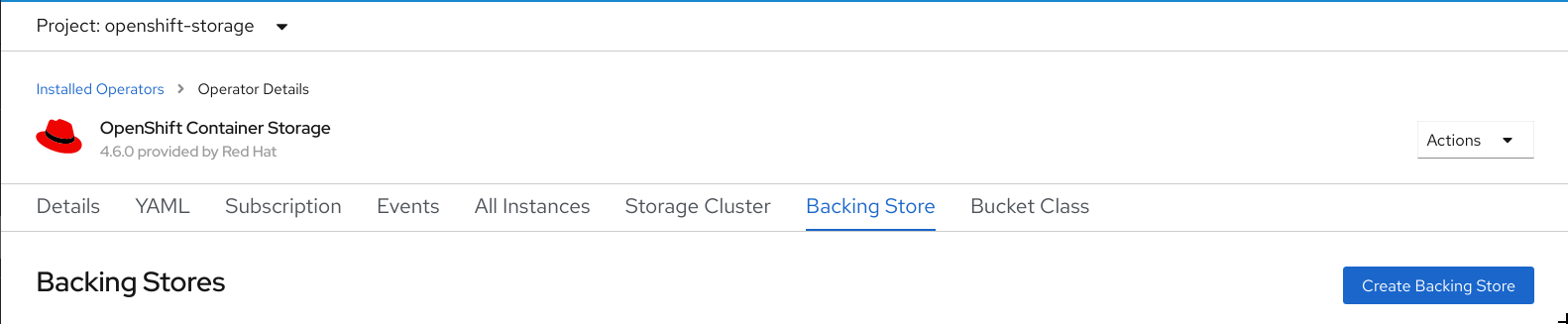 Screenshot of OpenShift Container Storage operator page with backing store tab.