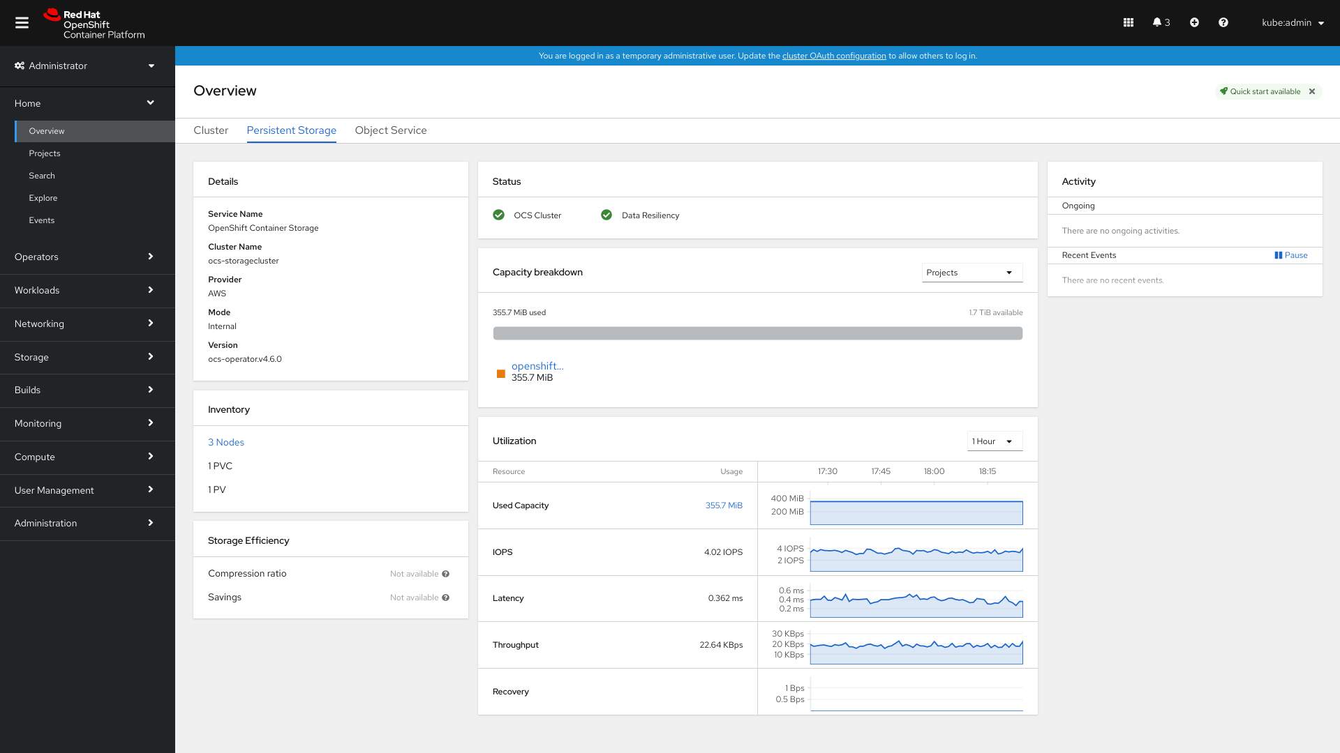 Screenshot of persistent storage dashboard