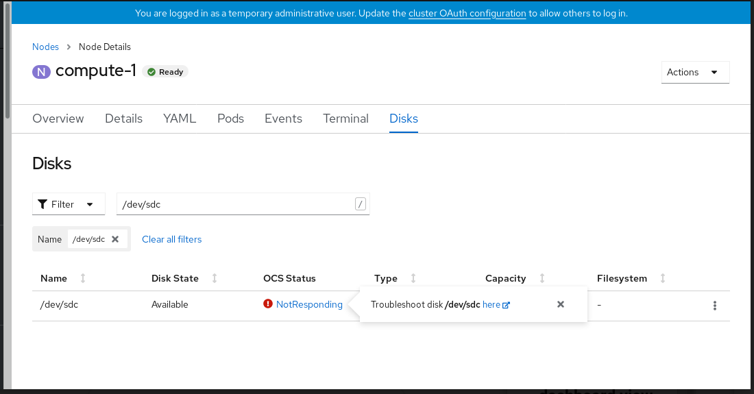 Screenshot of disks page where you can start the process of disk replacement.