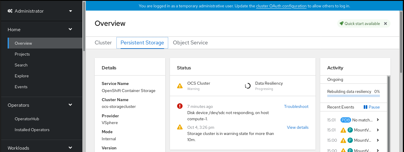 Screenshot of Persistent Storage dashboard with the failed device alert.