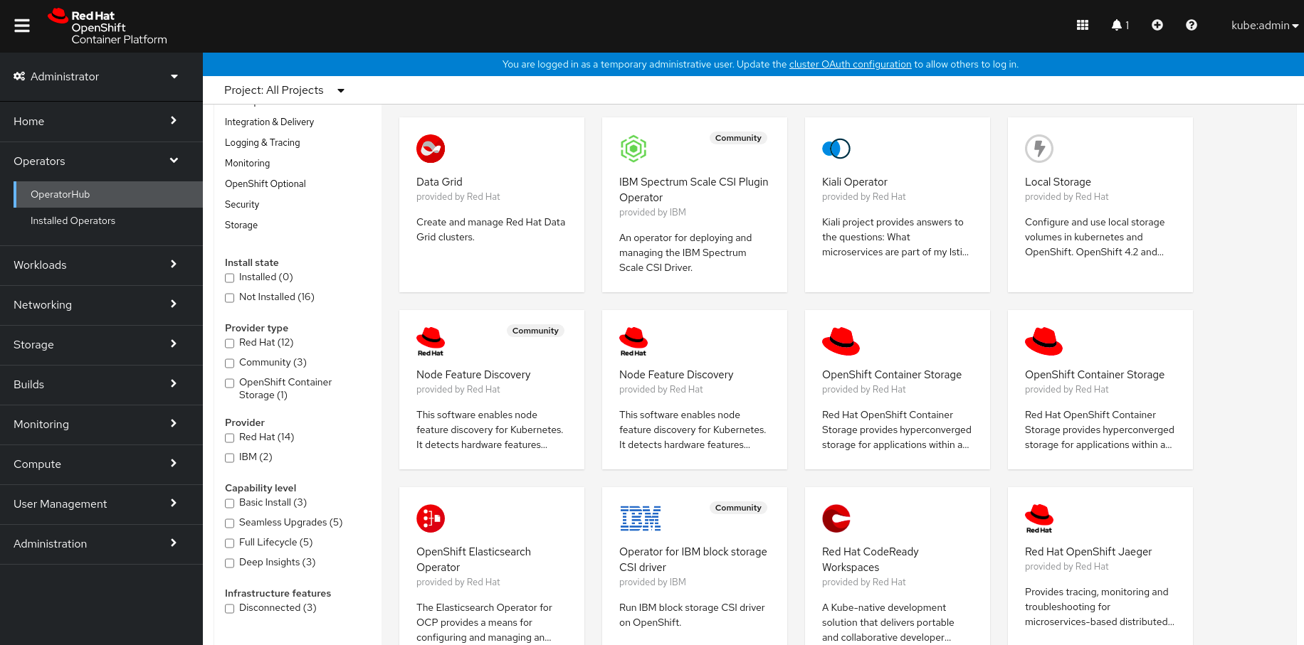 Screenshot of list of operators in the Operator Hub of the OpenShift Web Console.