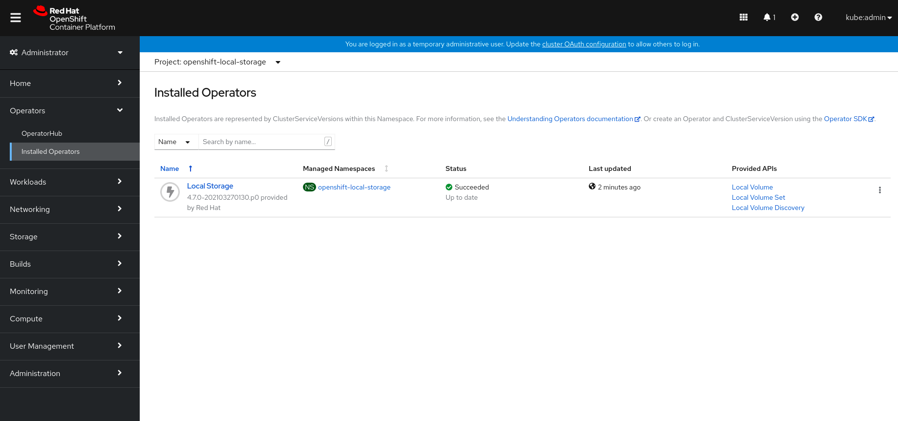 Screenshot of Local Storage operator dashboard.