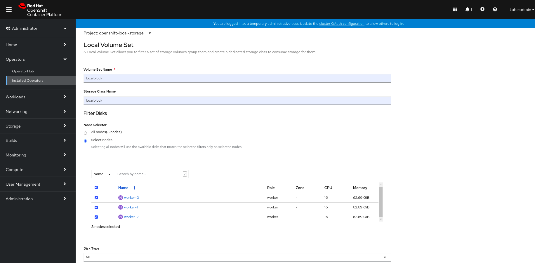 Screenshot of Create Local Volume Set.