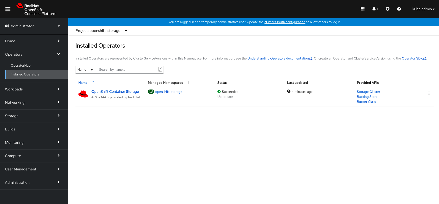 Screenshot of OpenShift Container Storage operator dashboard.