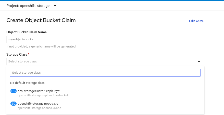 Create Object Bucket Claim wizard